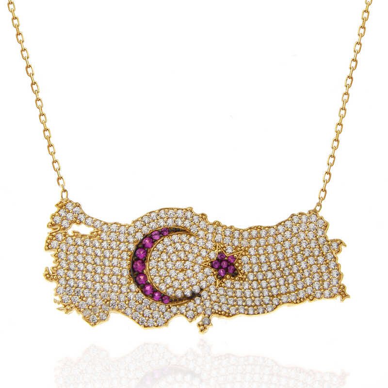 Silver Gold Crescent Star Türkiye Map Women's Necklace