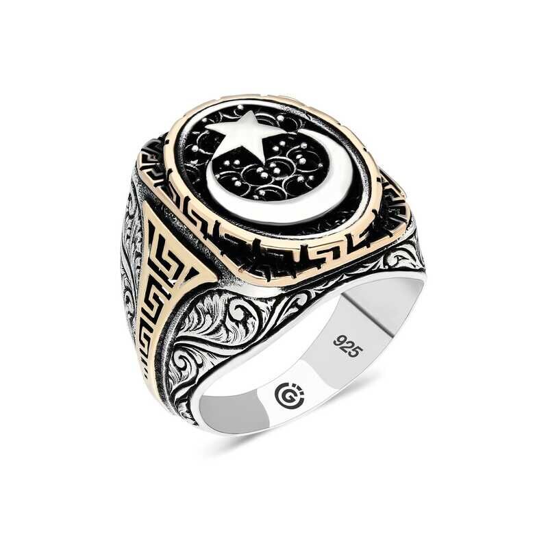 Silver Crescent Star Oval Men's Ring