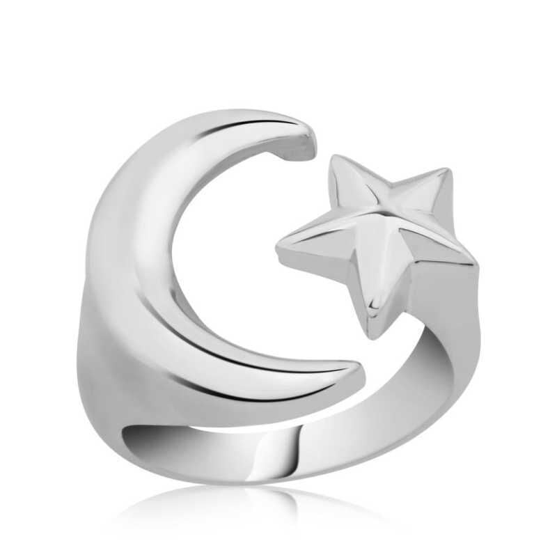 Silver Crescent Star Ring