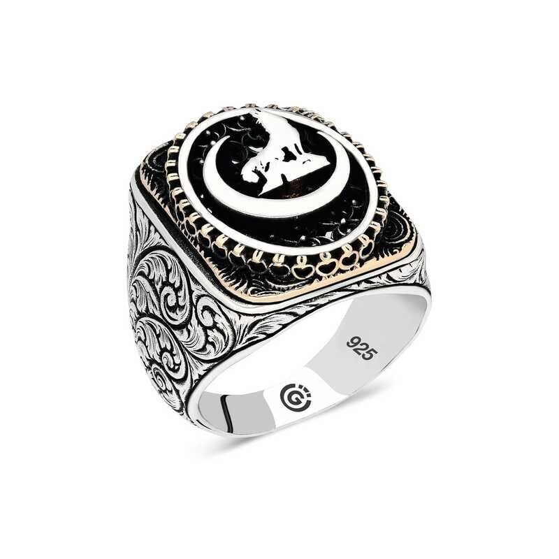 Anillo ovalado de lobo gris en forma de media luna de plata para hombre