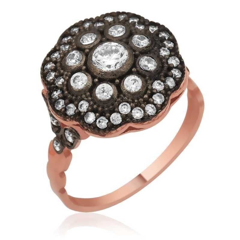 Anillo de plata con flor engastada en rosa y diamantes para mujer