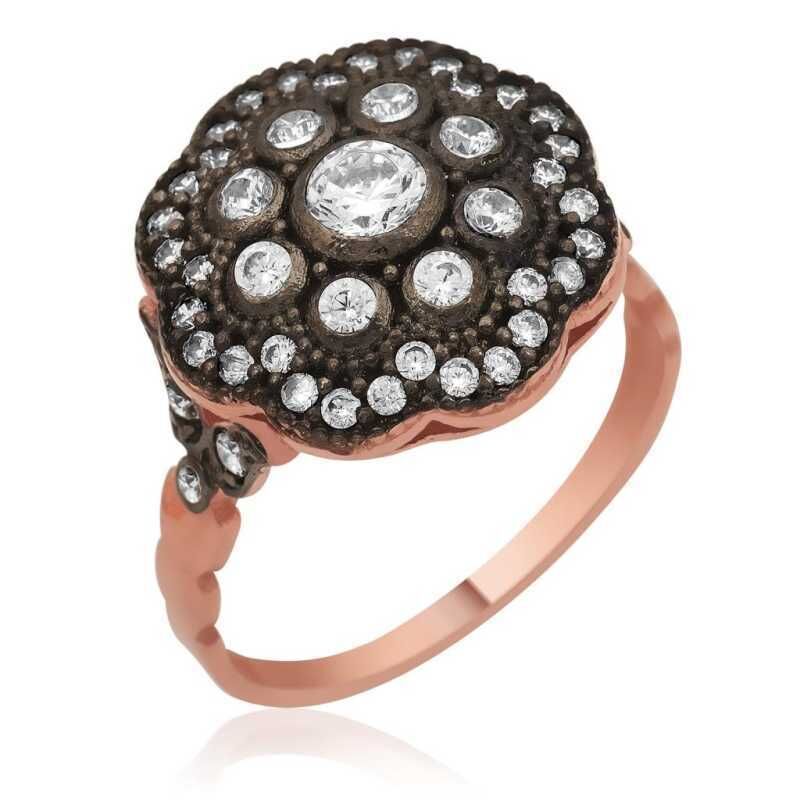 Anillo de plata con flor engastada en rosa y diamantes para mujer