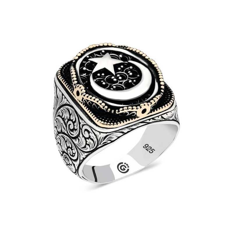 Silver Crescent Star Oval Men's Ring