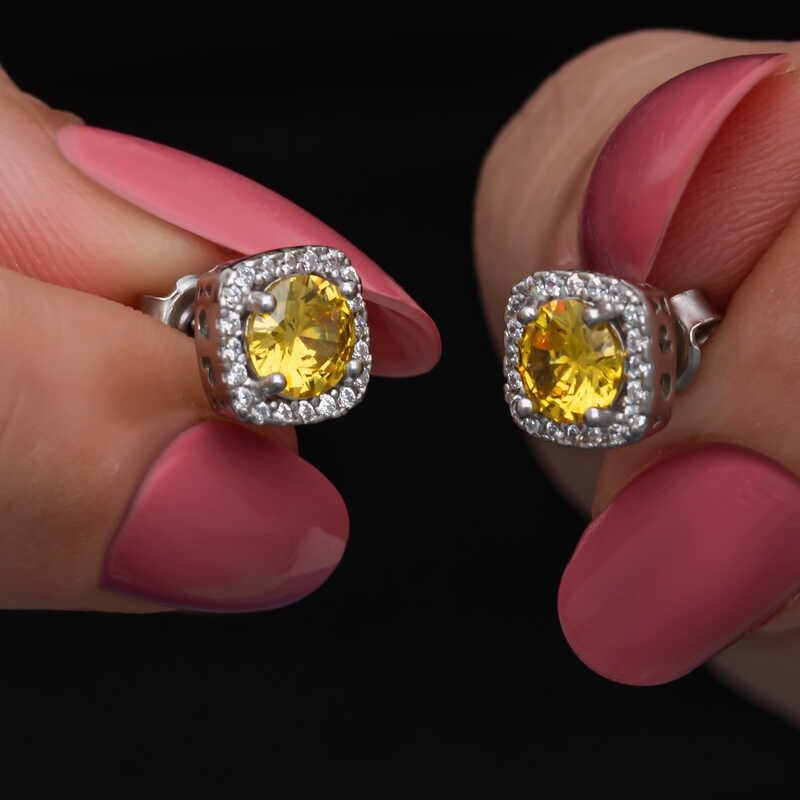 Silver Yellow Baguette Stone Studded Women's Earrings