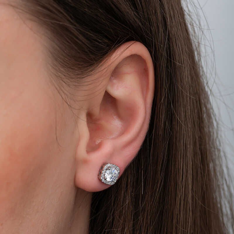 Silver Square Mount Diamond Stud Model Earrings