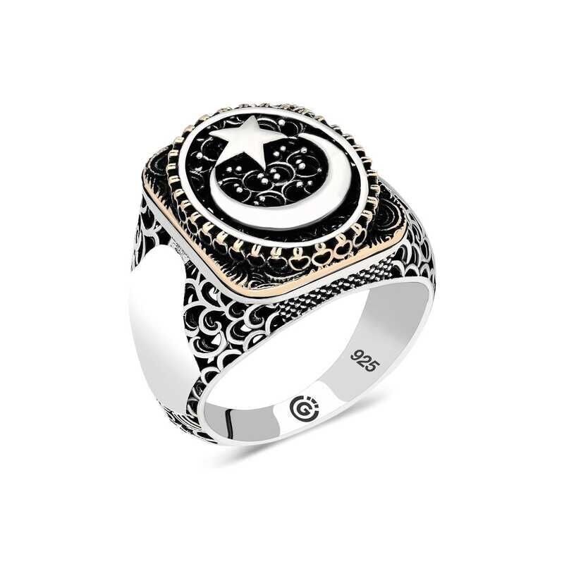 Silver Crescent Star Oval Men's Ring