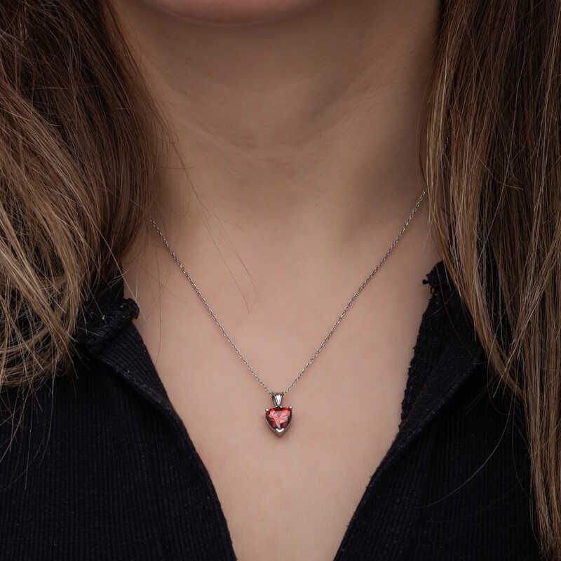 Silver Red Stone Heart Women's Necklace