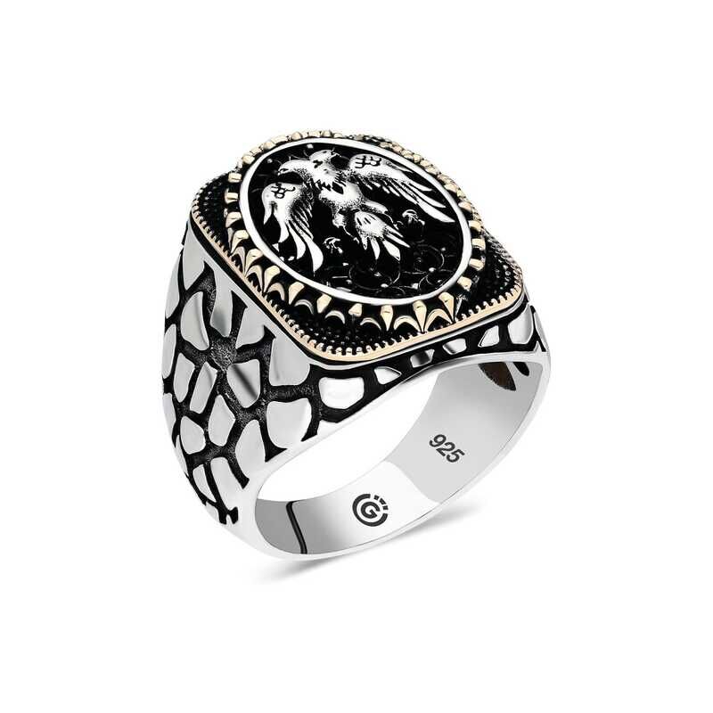 Silver Double Headed Eagle Oval Men's Ring