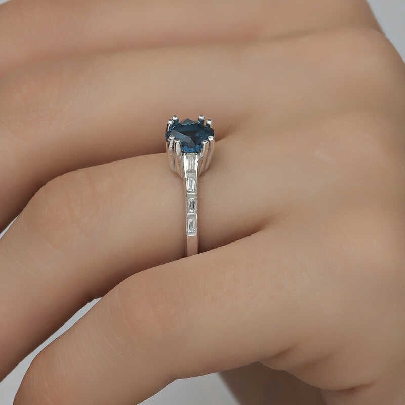 Silver Blue Baguette Single Stone Women's Ring