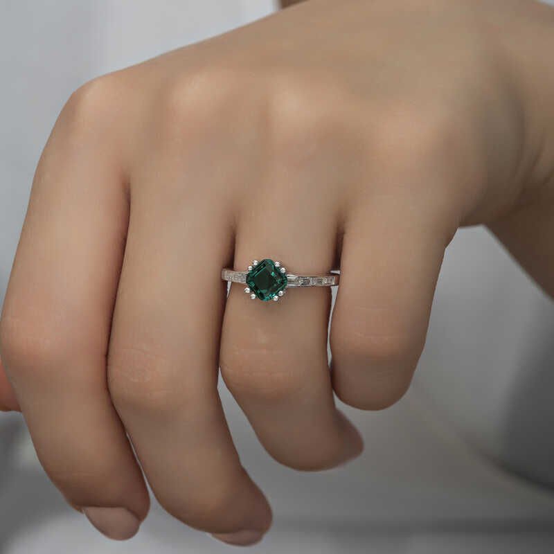 Silver Green Baguette Single Stone Women's Ring
