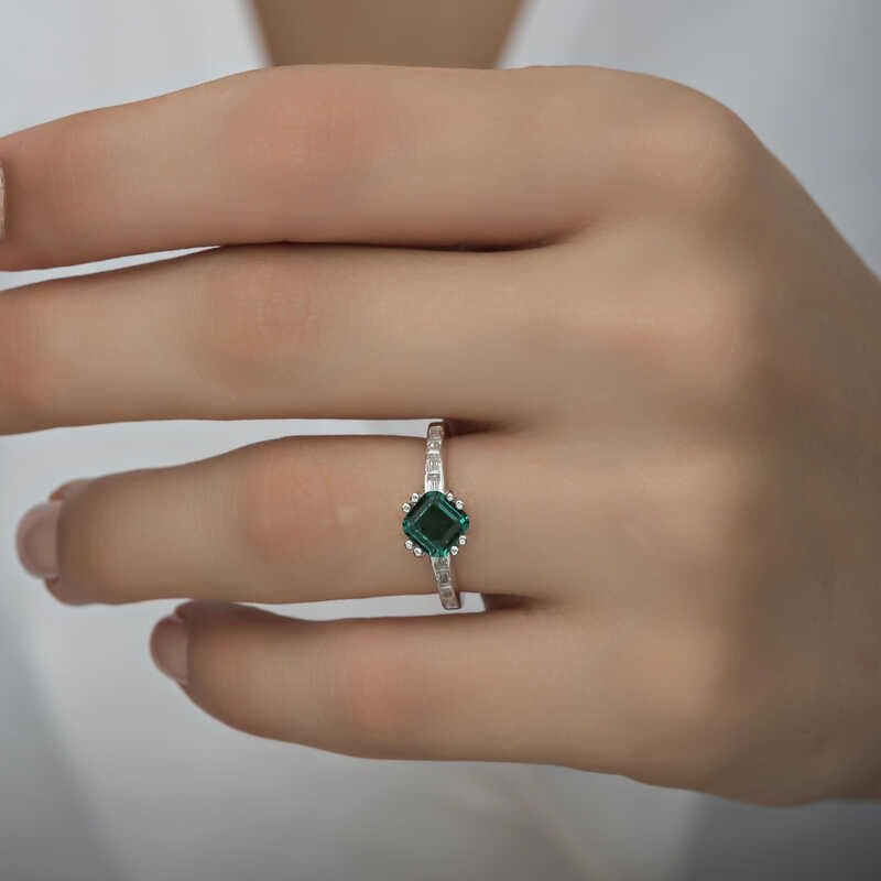 Silver Green Baguette Single Stone Women's Ring