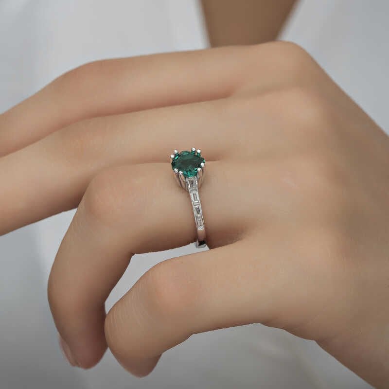 Silver Green Baguette Single Stone Women's Ring