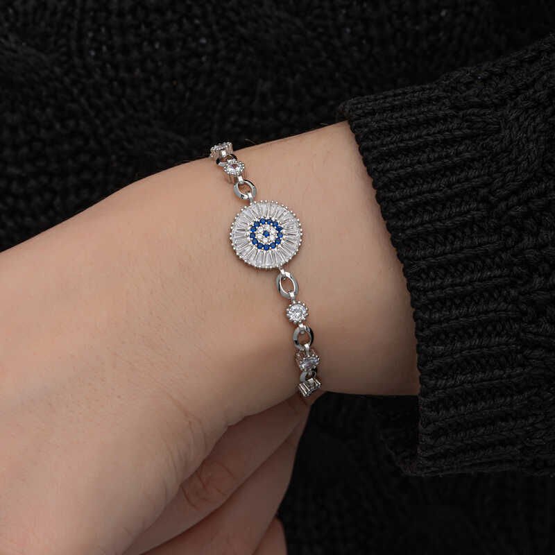 Pulsera de plata con ojo malvado y piedra baguette para mujer