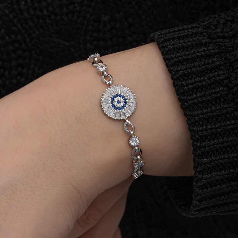 Pulsera de plata con ojo malvado y piedra baguette para mujer