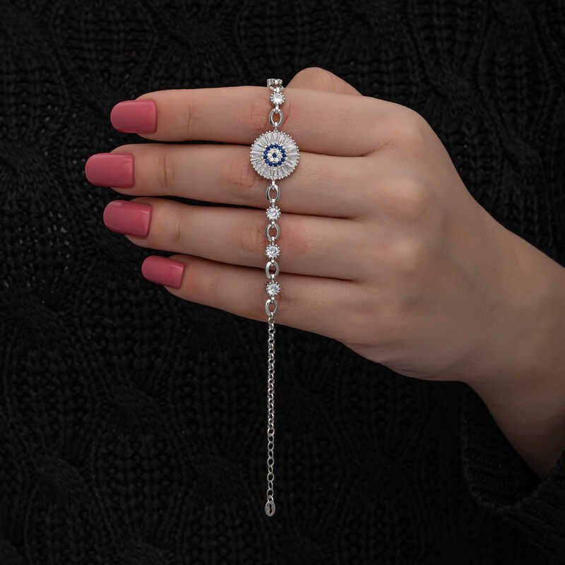 Pulsera de plata con ojo malvado y piedra baguette para mujer