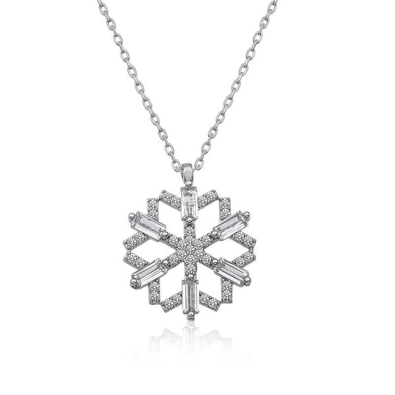 Silver Baguette Stone Snowflake Necklace