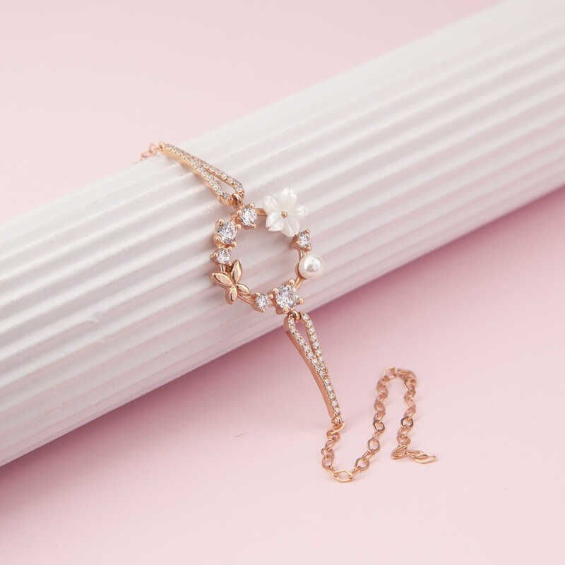 Silver Rose Magnolia Flower Butterfly Women's Bracelet