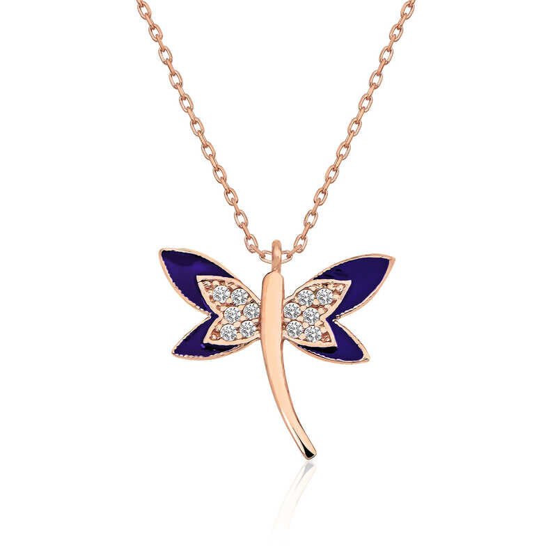 Silver Rose Navy Blue Dragonfly Women's Necklace