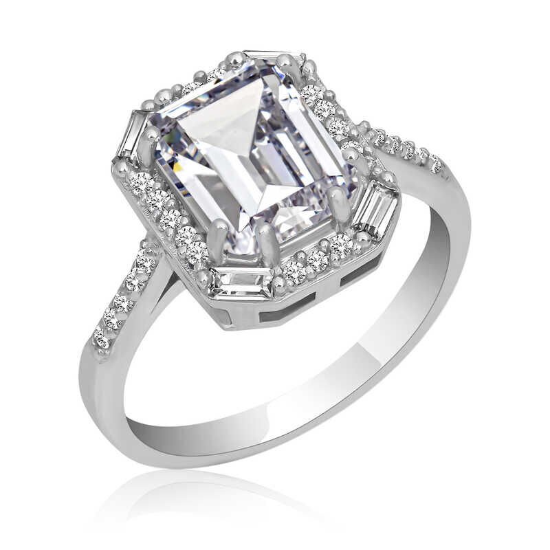Silver White Stone Baguette Square Women's Ring
