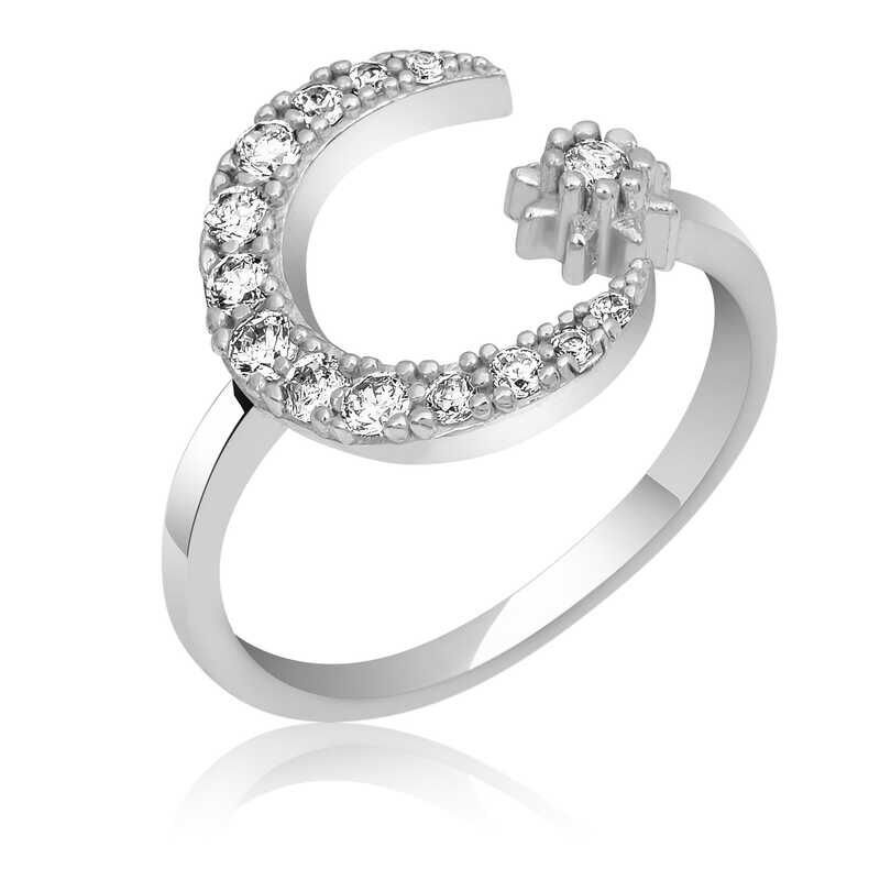 Silver Adjustable Moon Star Women's Ring