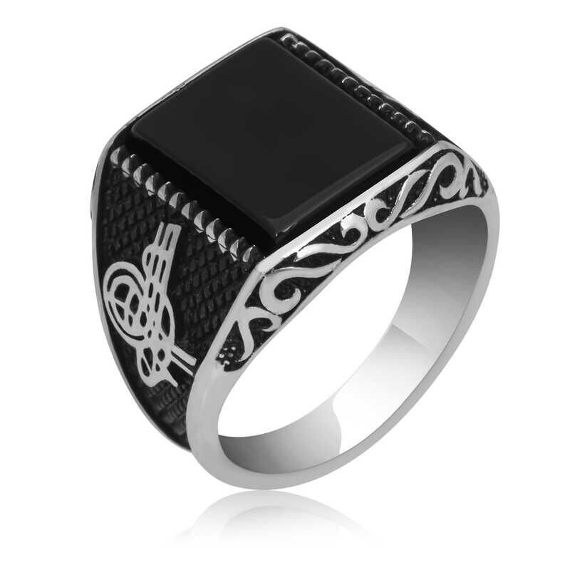 Silver Onyx Stone Tugra Men's Ring