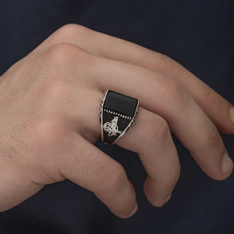 Silver Onyx Stone Tugra Men's Ring