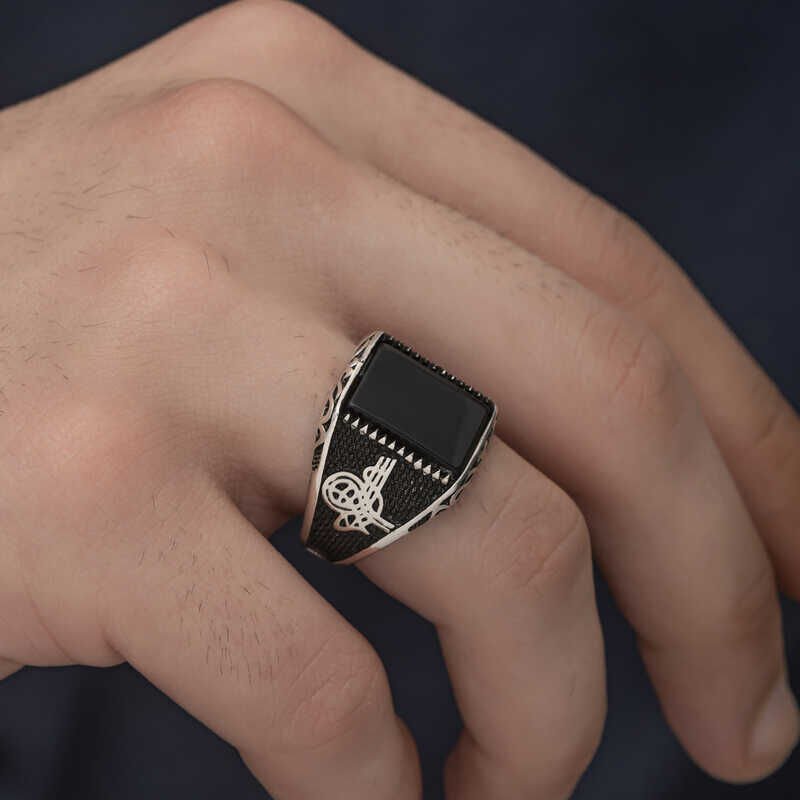Silver Onyx Stone Tugra Men's Ring