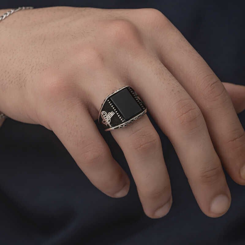Silver Onyx Stone Tugra Men's Ring