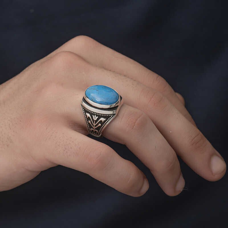 Silver Zircon Turquoise Stone Oval Men's Ring