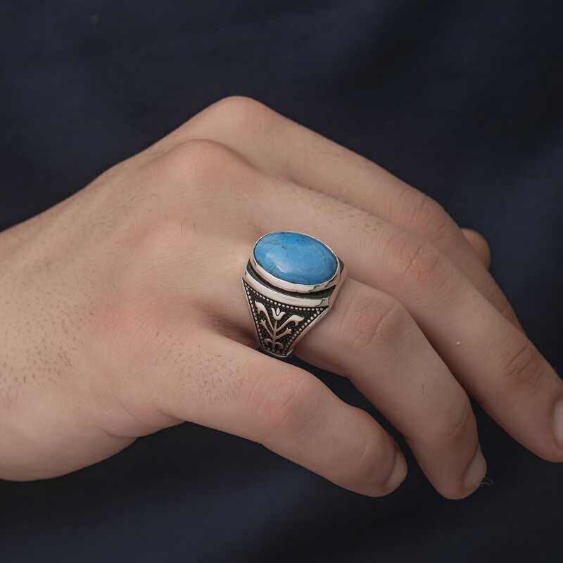 Silver Zircon Turquoise Stone Oval Men's Ring