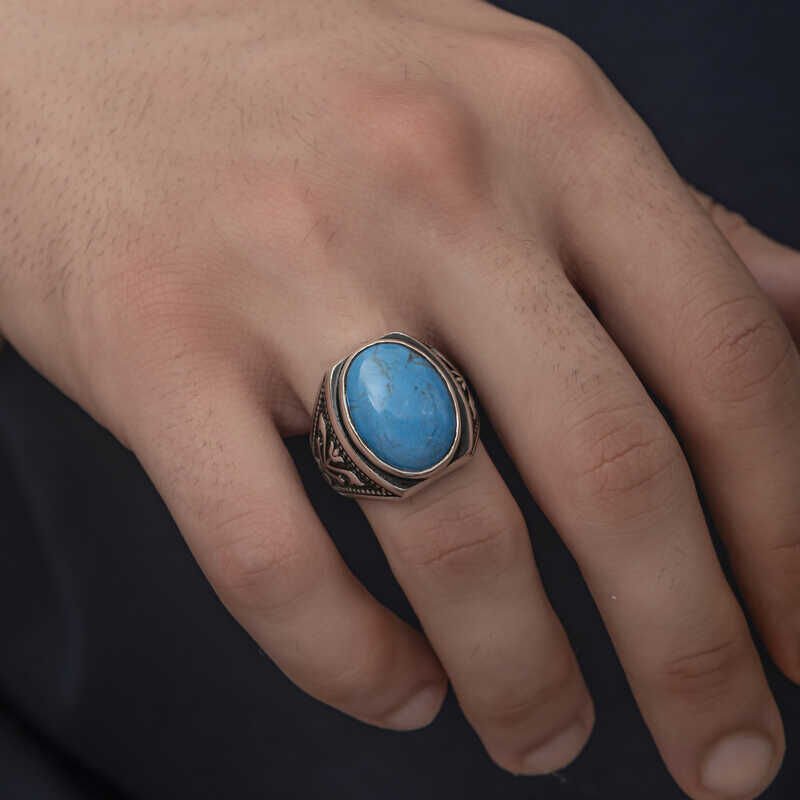 Silver Zircon Turquoise Stone Oval Men's Ring