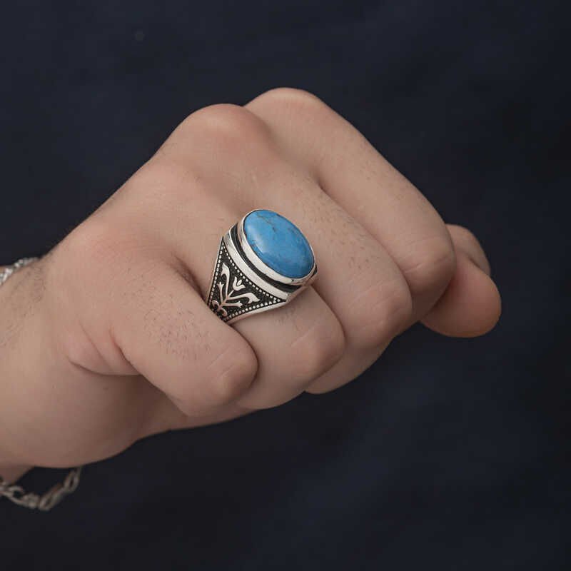Silver Zircon Turquoise Stone Oval Men's Ring