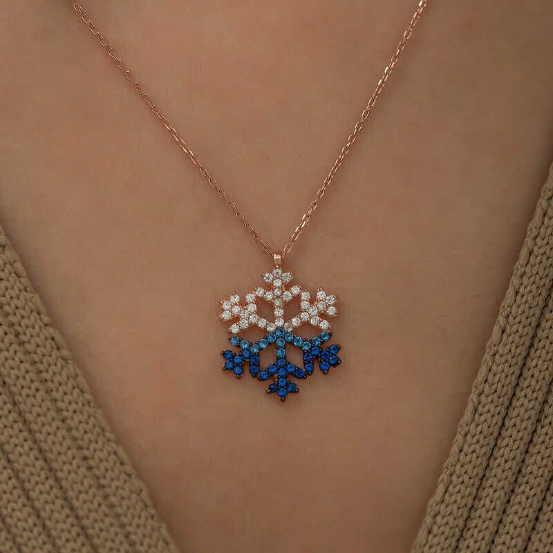 Silver Rose Blue Stone Snowflake Necklace