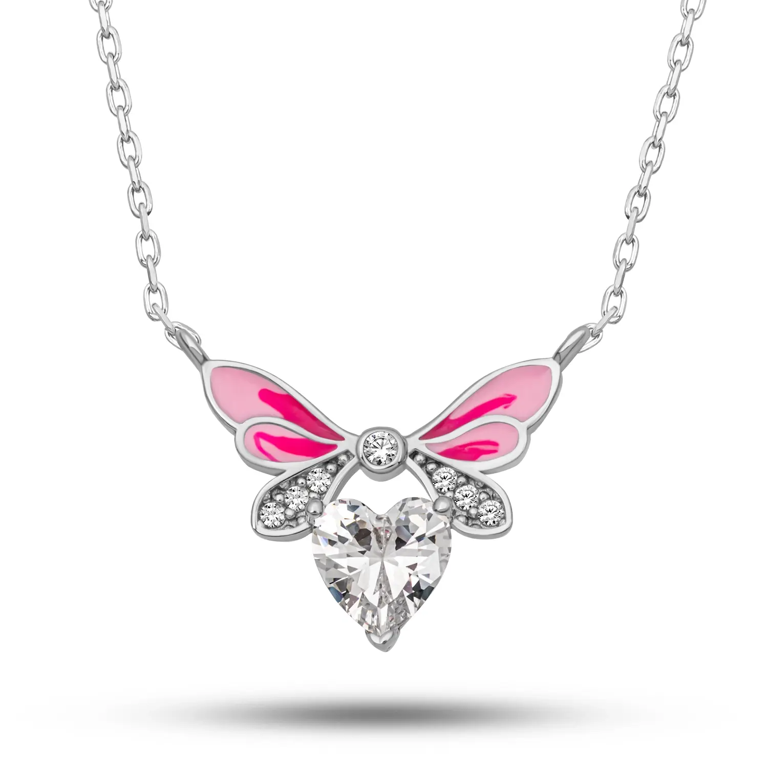 Gümüş Beyaz Kalp Peri Kanatlı Kolye