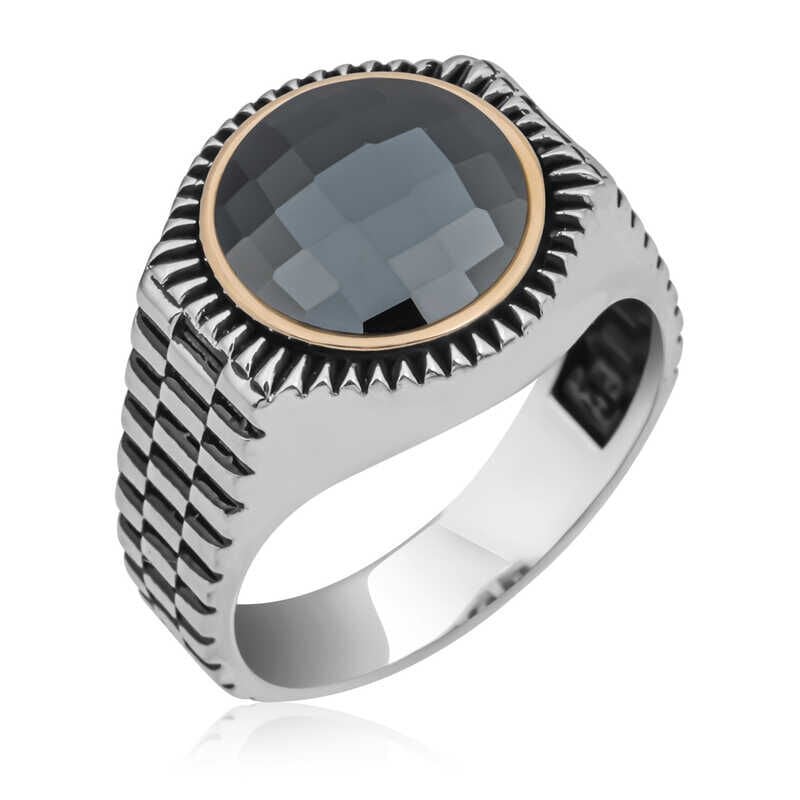 Silver Black Zircon Stone Round Men's Ring