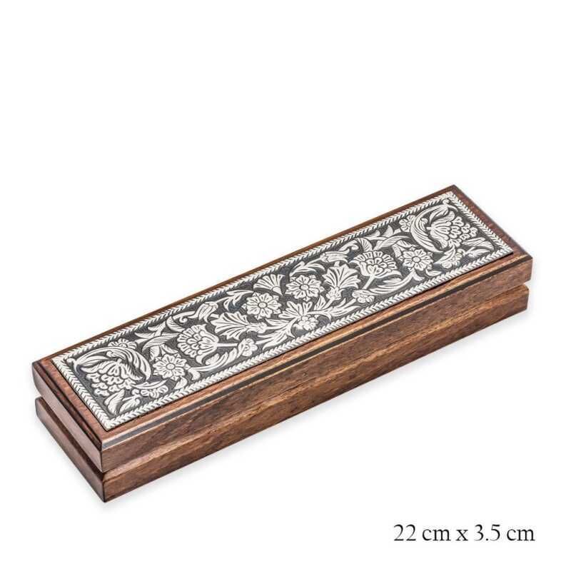 Wooden Prayer Beads Box with Silver Flower Pattern