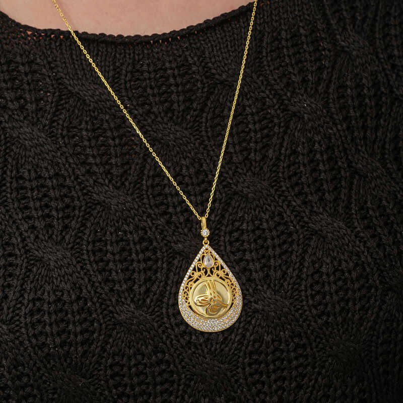 Silver Gold Plated Drop Tughra Women's Necklace