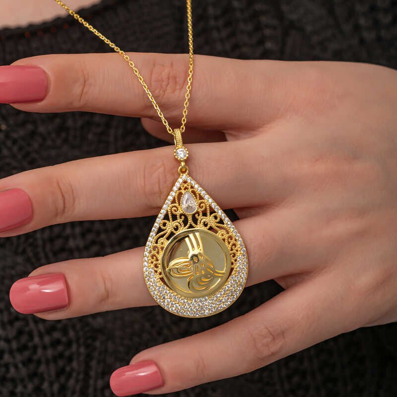 Silver Gold Plated Drop Tughra Women's Necklace