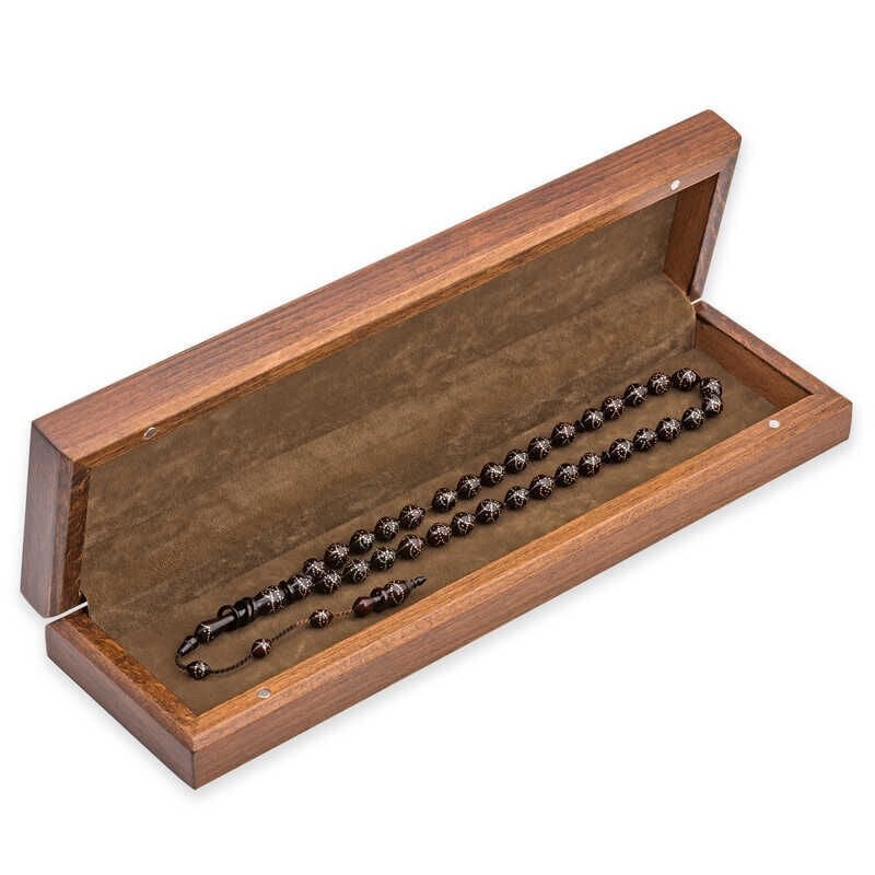 Wooden Prayer Beads Box with Silver Flower Pattern