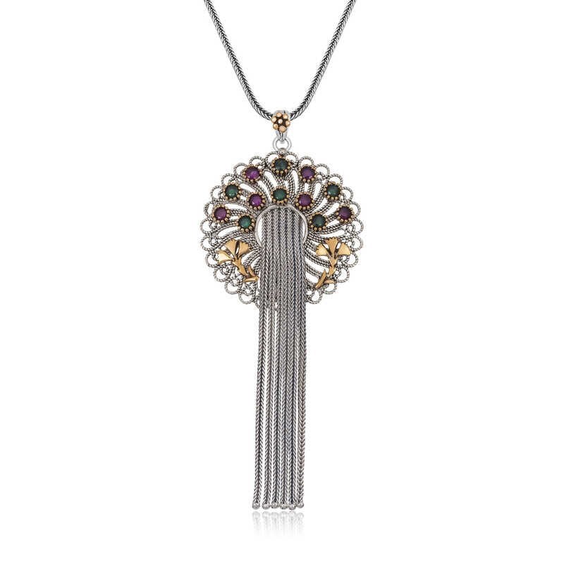 Silver Filigree Ruby Emerald Colored Stone Women's Necklace