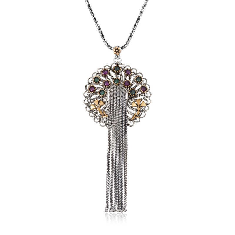 Silver Filigree Ruby Emerald Colored Stone Women's Necklace