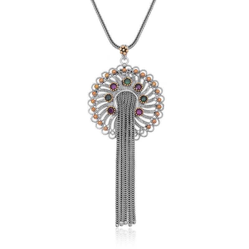 Silver Filigree Ruby Emerald Colored Stone Women's Necklace