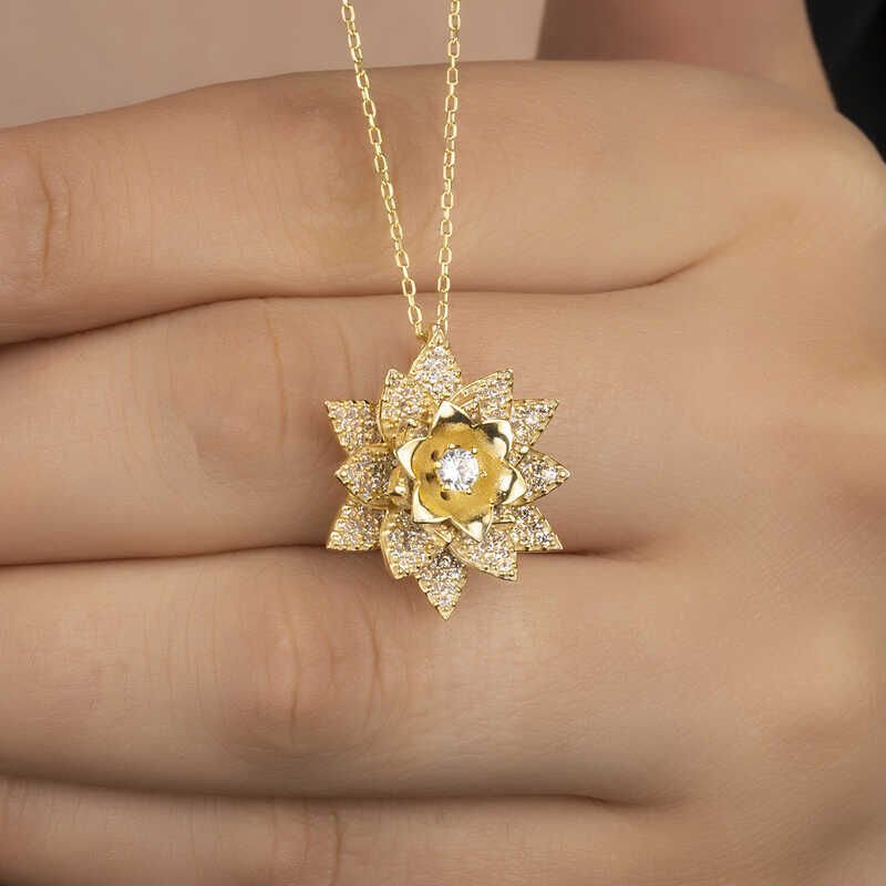 Silver Gold White Stone Lotus Flower Women's Necklace