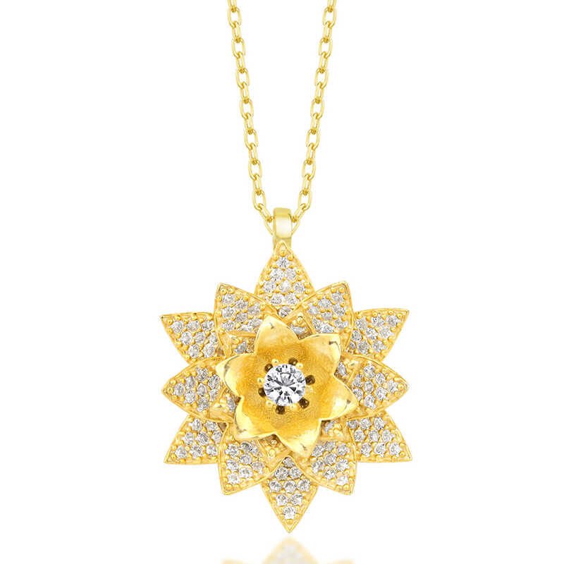 Silver Gold White Stone Lotus Flower Women's Necklace