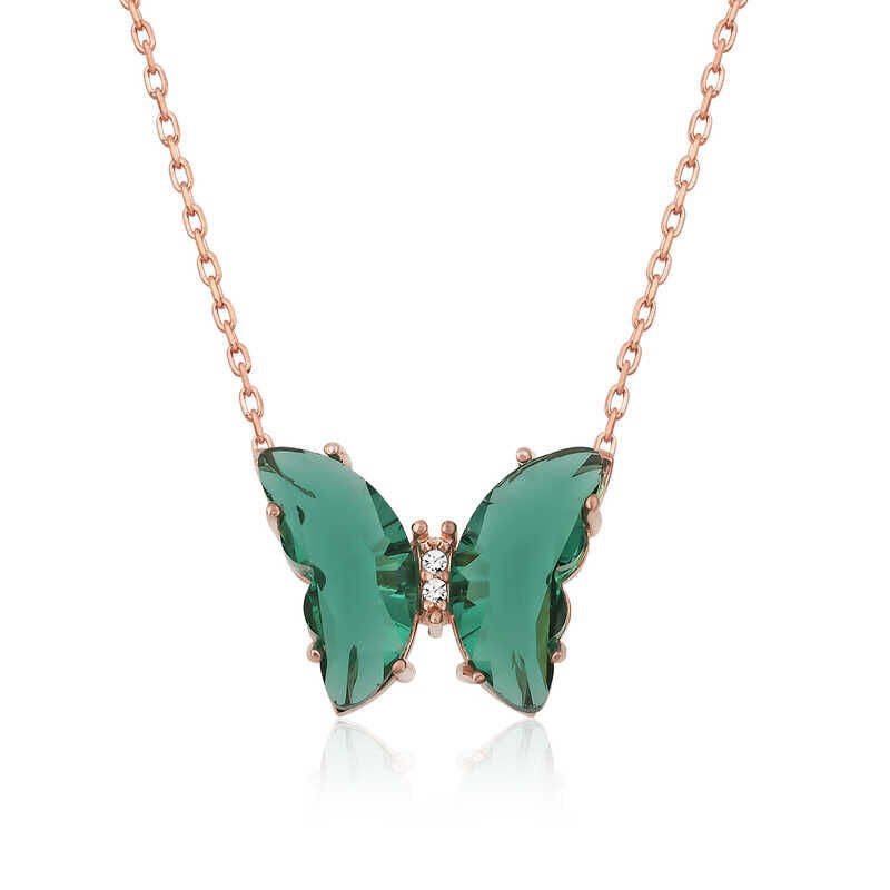 Collar de mariposa de cristal verde rosa plateado