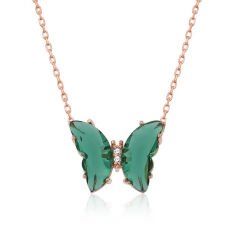 Collar de mariposa de cristal verde rosa plateado