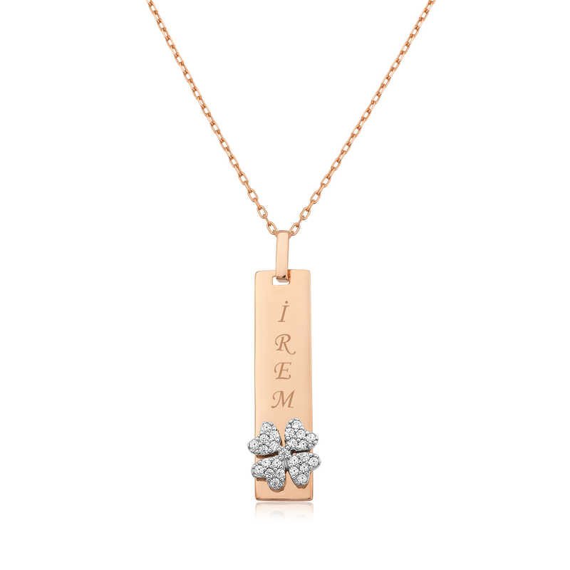 Gümüş Rose Yonca Desenli Plaka Kolye