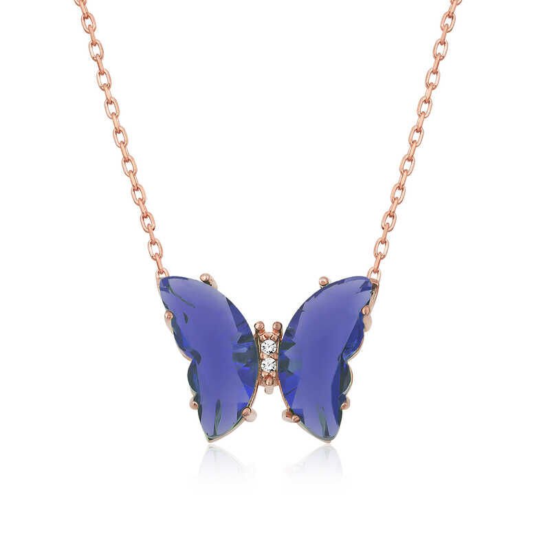 Collar de mariposa de cristal azul y rosa plateado