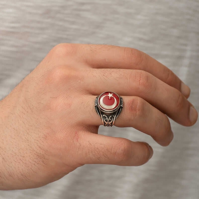 Silver Crescent Star Men's Ring