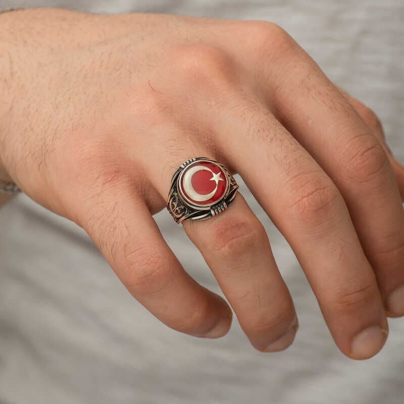 Silver Crescent Star Men's Ring
